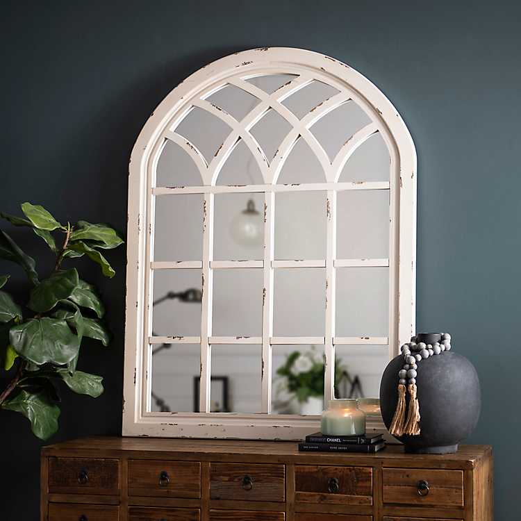 Distressed Cream Sadie Arch Mirror, Wood Arch Window Mirror Design