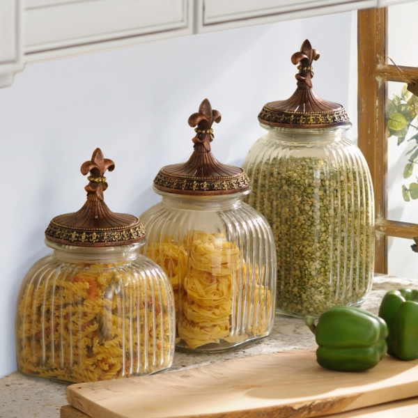 Home Basics Fleur De Lis Clear Glass Food Saver Storage Cookie Jar Canister  Container with Ceramic