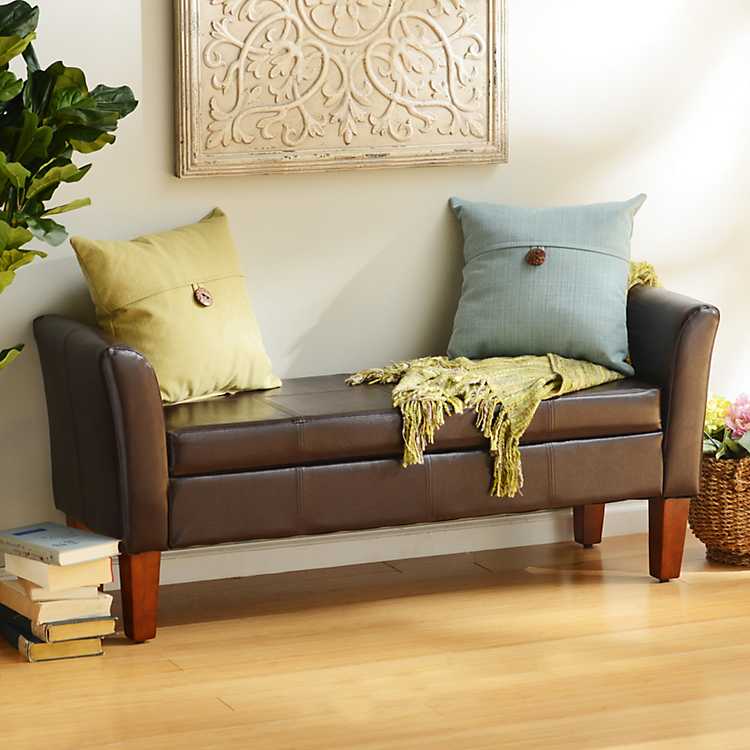 Brown Faux Leather Storage Bench, Modern Leather Storage Bench