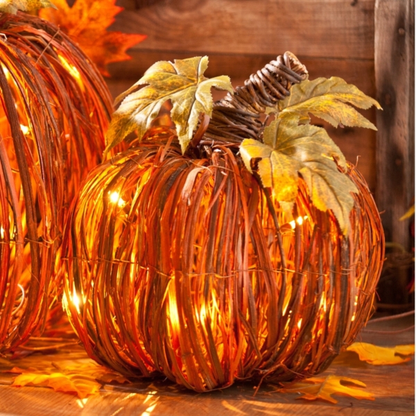 Pre-Lit Orange Rattan Pumpkin, 12 in. | Kirklands Home