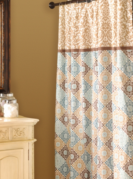 teal and tan shower curtain