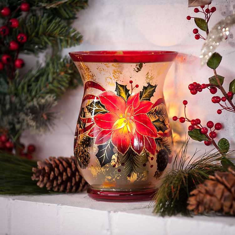 Christmas Poinsettia Crackled Glass Hurricane Home Table Lamp 