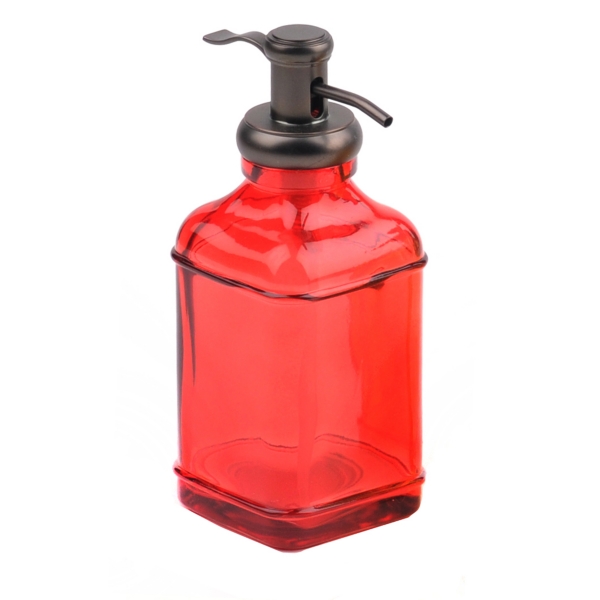 red bathroom soap dispenser