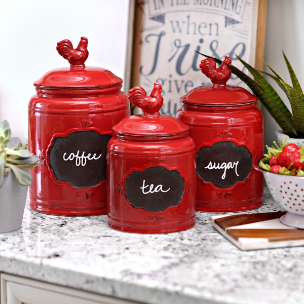 Home Essentials Farmhouse Chalkboard Red Ceramic Kitchen Canisters