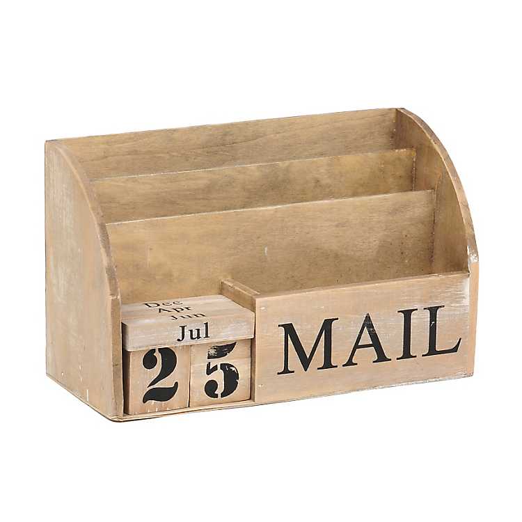 Natural Wood Mail Organizer And, Wooden Mail Organizer Desktop With Block Calendar
