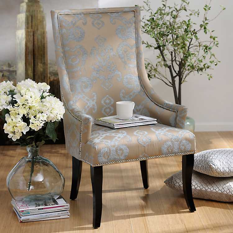 Ham Blue Damask Arm Chair, Dining Room Blue Damask Chairs