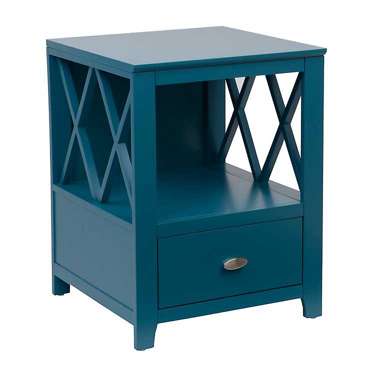 Teal Lattice Storage Accent Table, Teal Blue End Tables