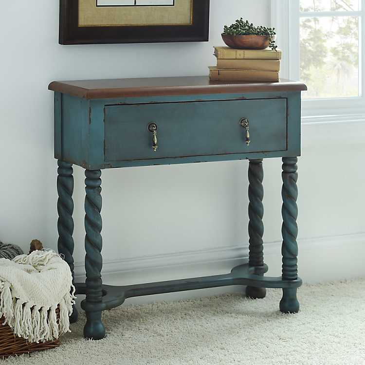 Turquoise Twisted Wood Console Table, Hand Painted Distressed Turquoise Finish Console Table