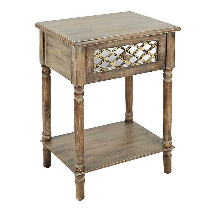Distressed Rustic Mirrored Side Table, Wood Mirrored Side Table