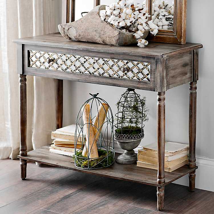 Distressed Rustic Mirrored Console, Wooden Mirrored Console Table