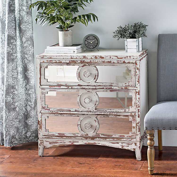 Distressed Abbey Mirrored Chest, Wood Antiqued Mirrored Dresser