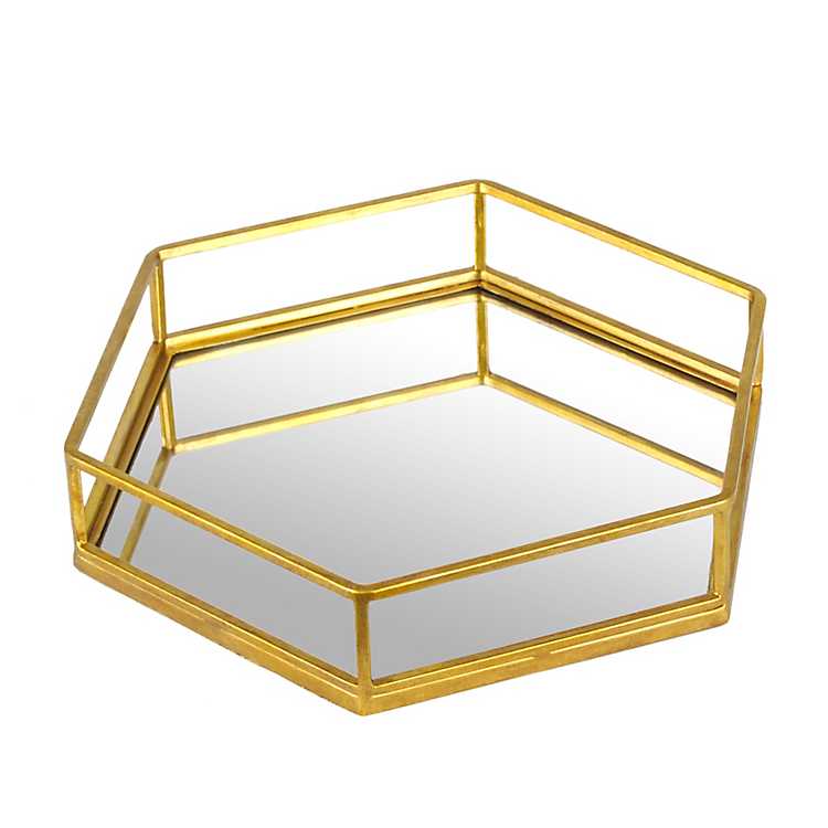 Gold Hexagon Mirrored Vanity Tray, Large Geometric Mirrored Vanity Tray Gold Home Details