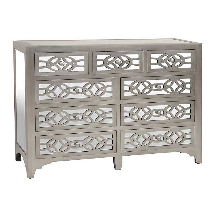 Libby Silver Mirrored 9 Drawer Dresser, Metallic Silver Dresser With Mirror