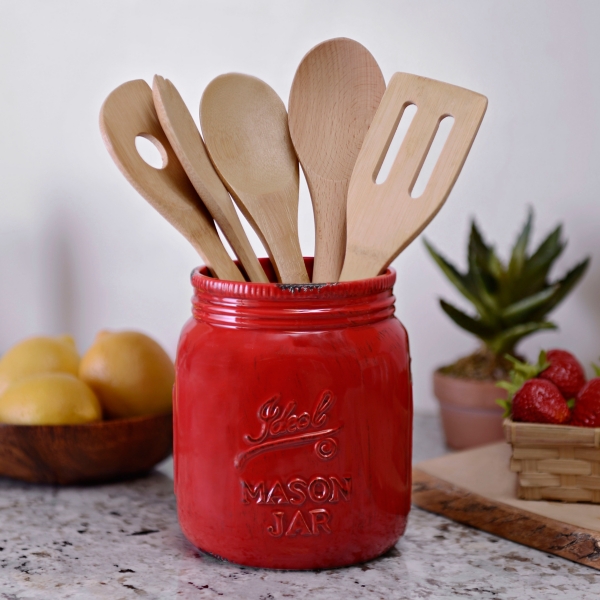  Red Ceramic Kitchen Mason Jars Set - Vintage Kitchenware Set -  Ceramic Measuring Cups, Measuring Spoons & Spoon Rest - Retro & Farmhouse  Decor - Baking Supplies, Rustic Home Accessory (10pcs)