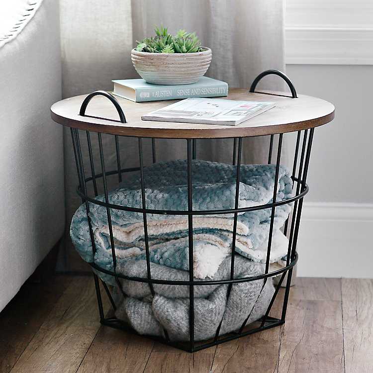 Industrial Metal Style Side Table Basket Feature Decorative Wooden Indoor 