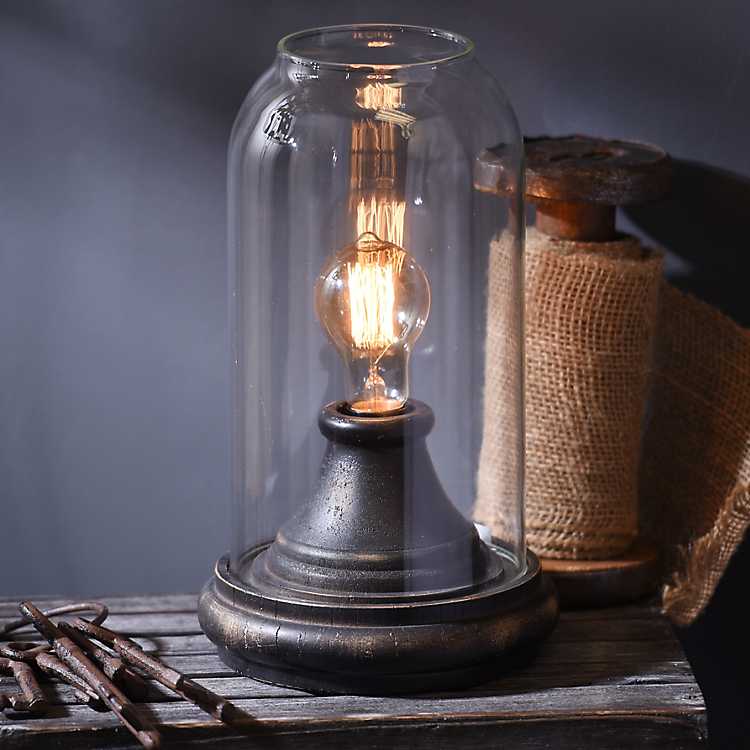 Distressed Black Cloche Edison Lamp, Glass Cloche 3 Edison Bulb Table Lamp