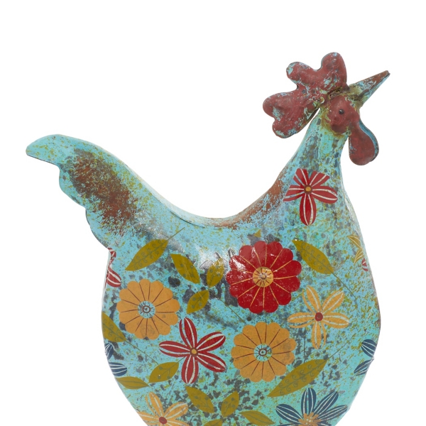 Blue Floral Metal Rooster Statue