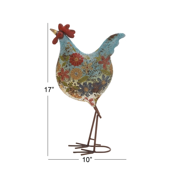 Blue Floral Metal Rooster Statue