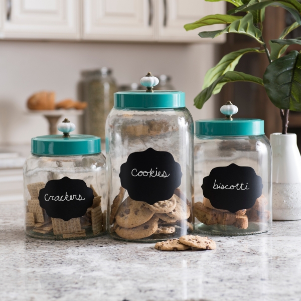 Turquoise Chalkboard Kitchen Canisters, Set of 3