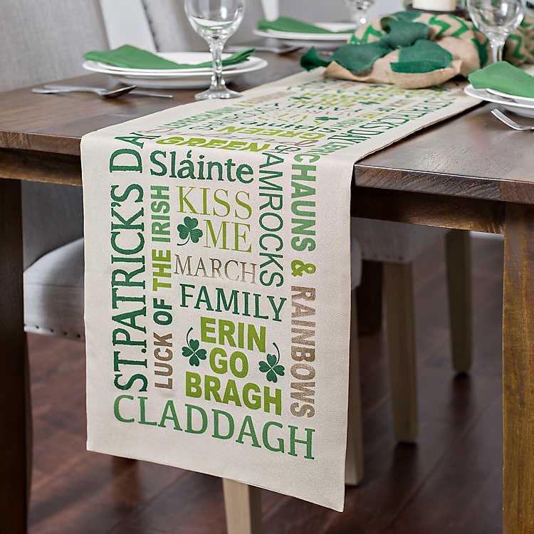 Qilmy St Patrick's Day Table Runner Home Decor 13 X 70 Inch Spring Green Clover Shamrock Double-Sided Table Cover Runner for Wedding Party Banquet Decoration
