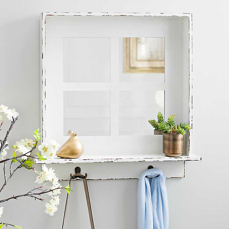 Distressed White Windowpane Mirror With, Distressed White Windowpane Wall Mirror With Hooks