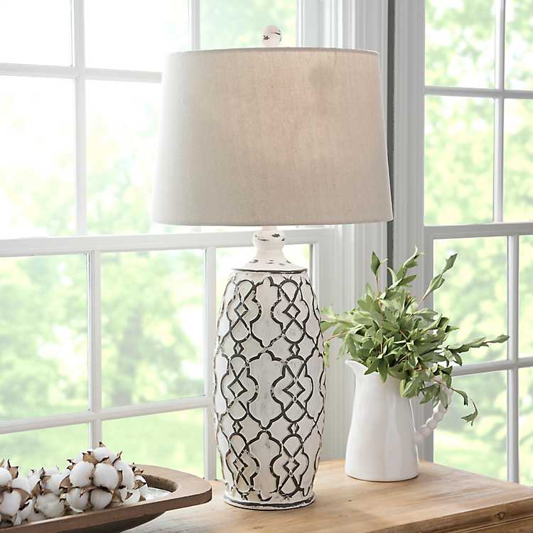 Distressed Cream Lilly Table Lamp, Scroll Table Lamp Cream