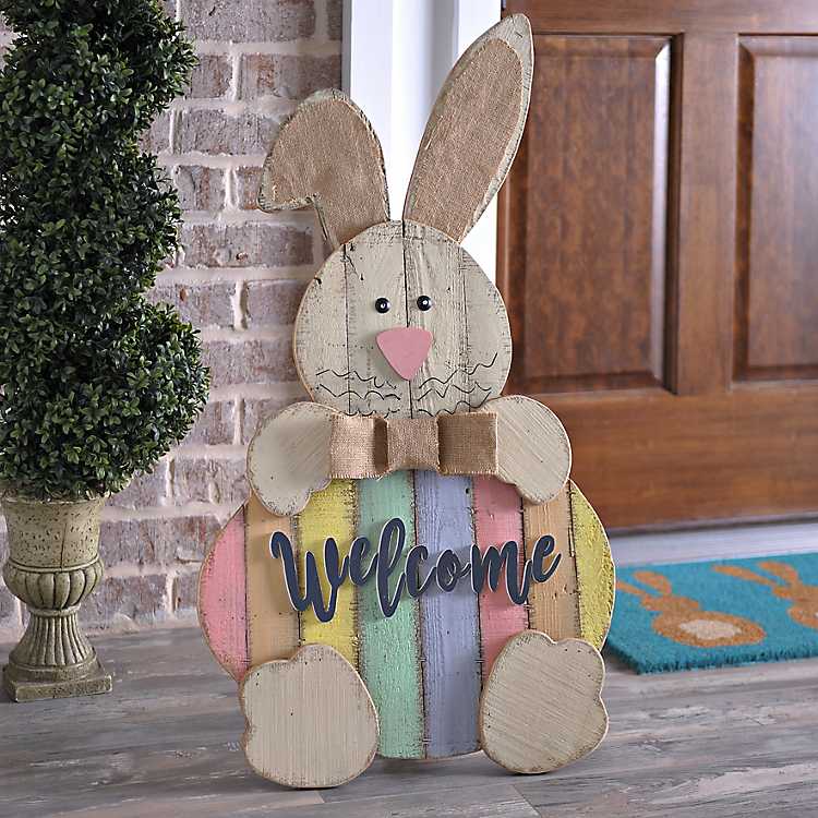 Ganz Easter 15.75 inches Length x 11 inches Height Wooden Hanging Bunny Sign Welcome Decoration EA14366 
