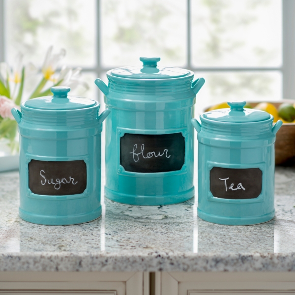 Turquoise Chalkboard Kitchen Canisters, Set of 3