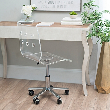 Featured image of post Clear Acrylic Desk Chair With Wheels - Choose from clear, smoked grey, or pink blush to best complement your home.