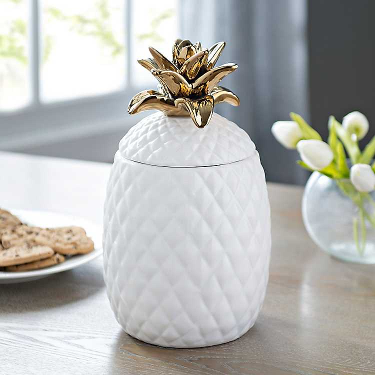 Details about   Porcelain Pineapple Jar with Gold Lid Home Patio Dining and Kitchen Decor Cookie 