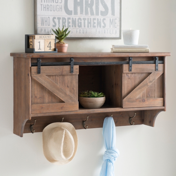 Barnwood Door Wall Shelf with Hooks