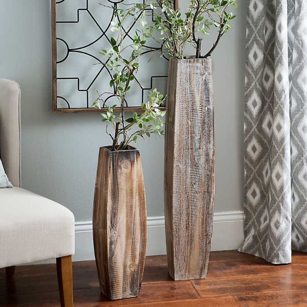 Whitewashed Oblong Wooden Vases, Set of 2