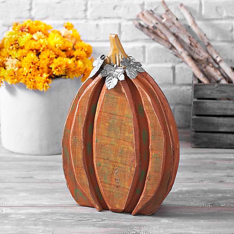 Wood Pumpkin with Galvanized Metal Leaves