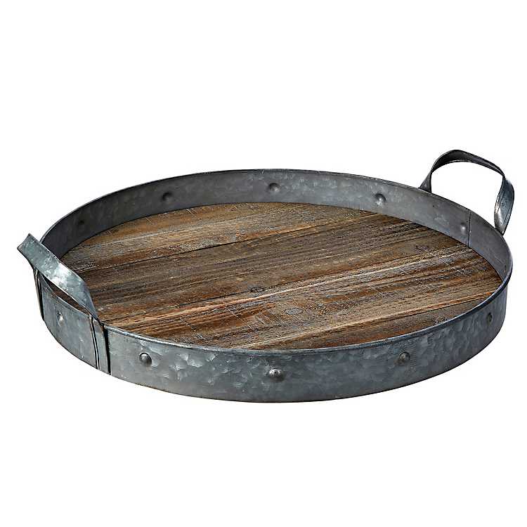 Round Galvanized Metal And Wood Tray, Extra Large Round Metal Serving Tray