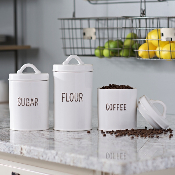 Kitchen Canisters - White Sugar, Flour, Coffee Canisters, Set of 3