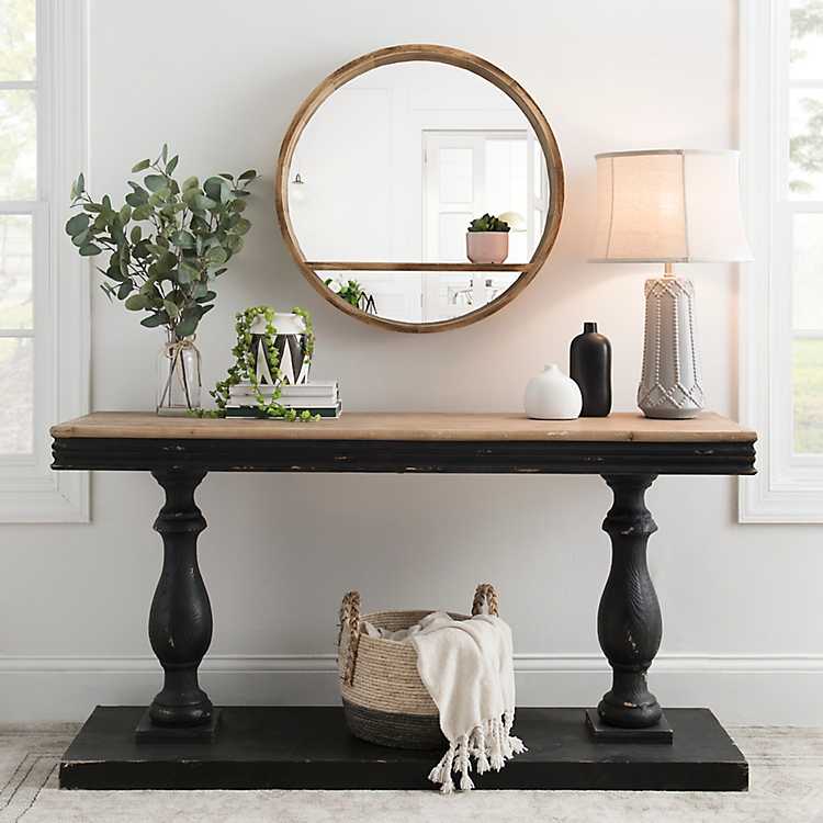 Distressed Black Double Pedestal, Black Turned Leg Console Table