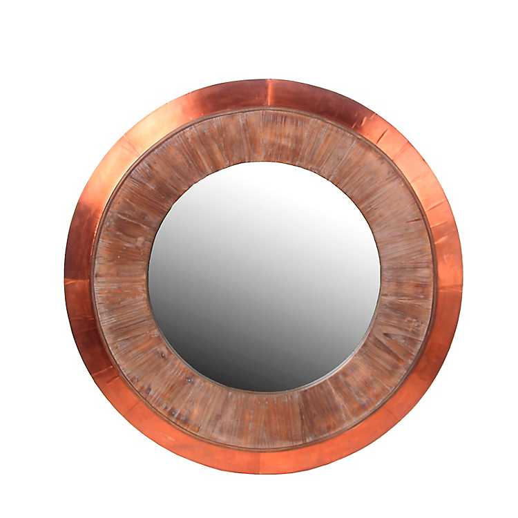 Wood And Copper Round Wall Mirror, Large Copper Round Wall Mirror