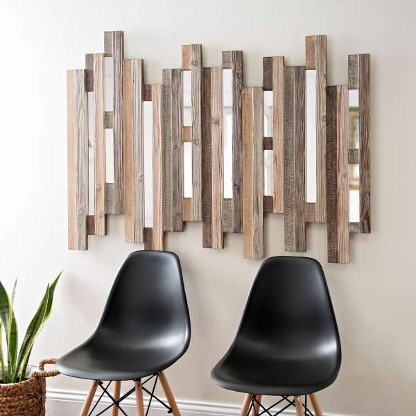 Natural Wooden Planks Mirrored Wall Plaque