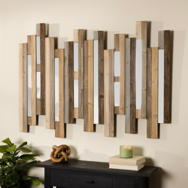 Natural Wooden Planks Mirrored Wall Plaque