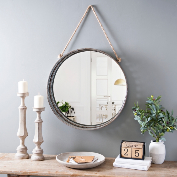 Galvanized Metal Rope Hanging Mirror, Rustic Round Mirror With Rope