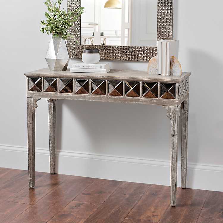 Kerri Rustic Mirrored Console Table, Wooden Mirrored Console Table
