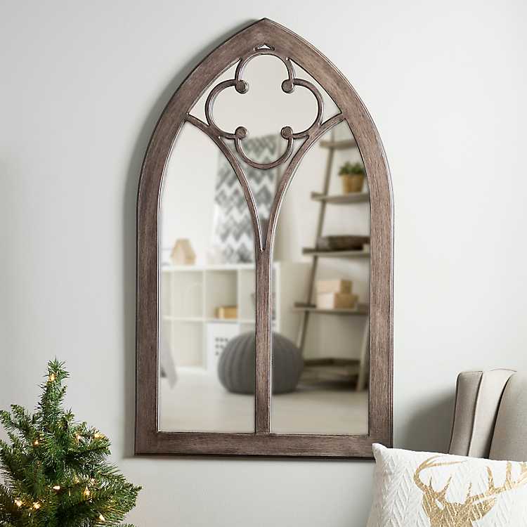 Dark Stained Clover Arch Wood Window, Wood Arch Window Mirror Design
