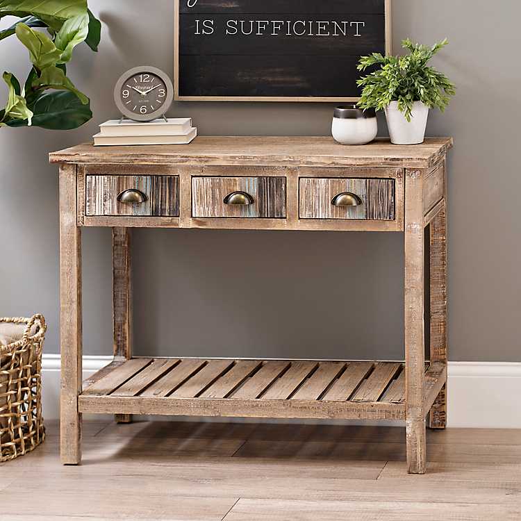 Coastal Distressed Wood Console Table, Distressed Console Table With Storage