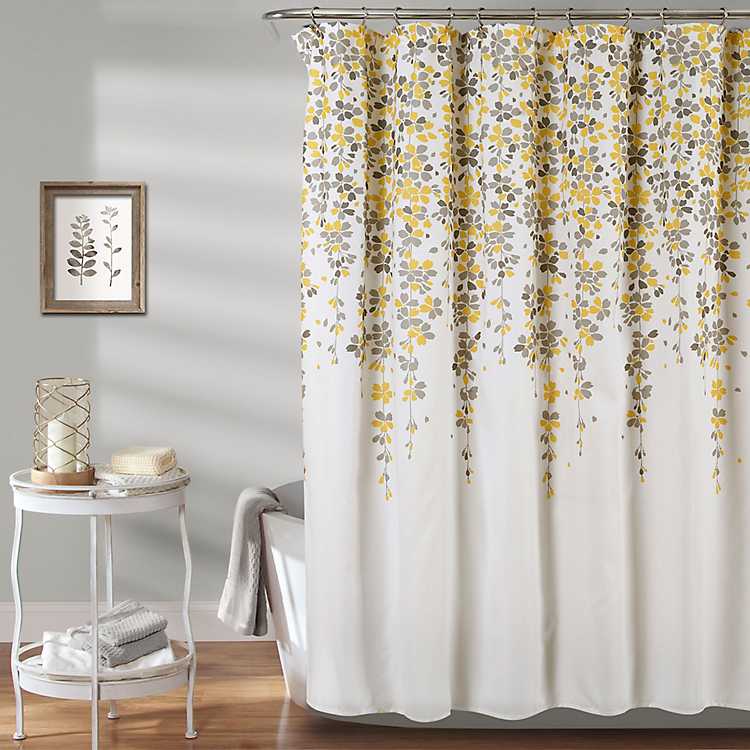Vines and Yellow Flowers on The Wall Fabric Shower Curtain Bathroom Set 12Hooks 
