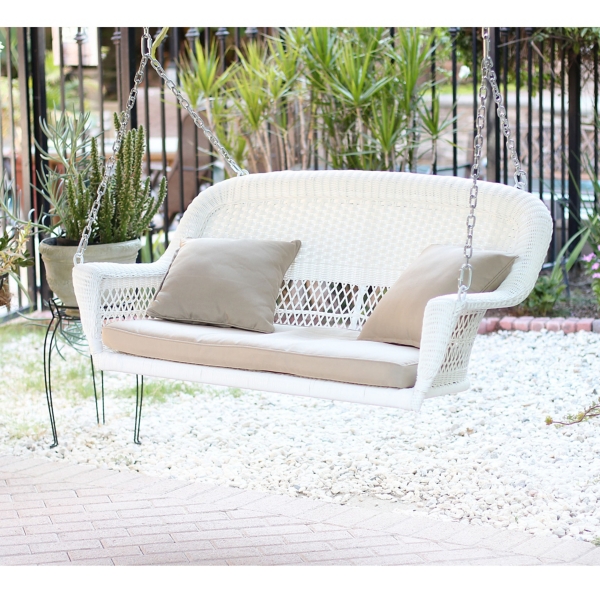 White Wicker Porch Swing With Tan Cushion Kirklands Home   171587 1