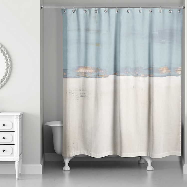 Blue And Cream Horizon Shower Curtain, Navy Blue And White Ruffle Shower Curtain