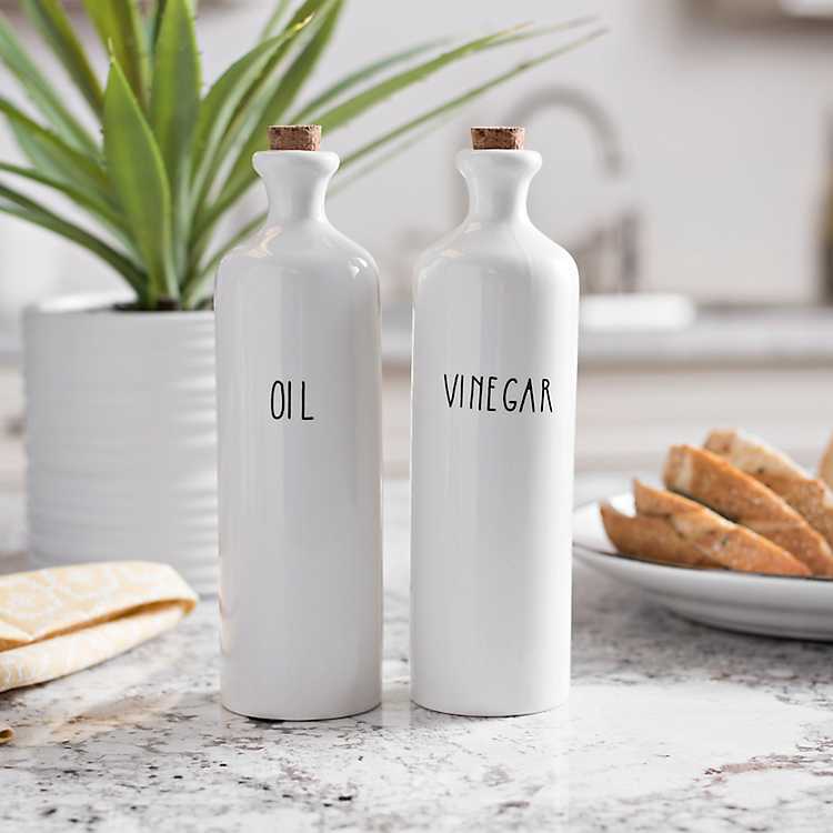 Cork Lid and Wood Stand Ceramic Vinegar Bottle Set Oil and Vinegar Dispenser
