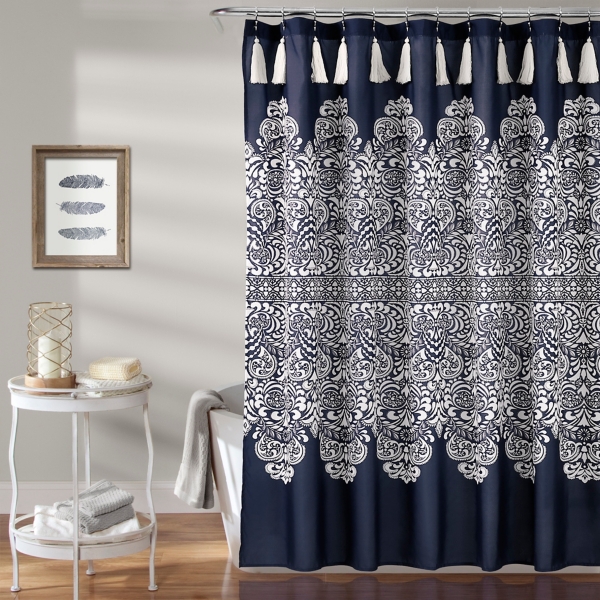 navy and beige shower curtain