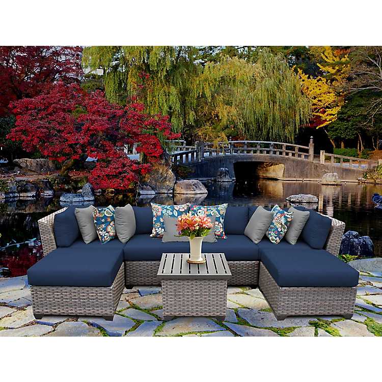 Blue Bali Gray Wicker Outdoor 7 Pc, Blue Outdoor Furniture