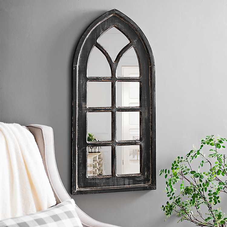 Distressed Black Arch Wall Mirror, Black Distressed Wood Mirror